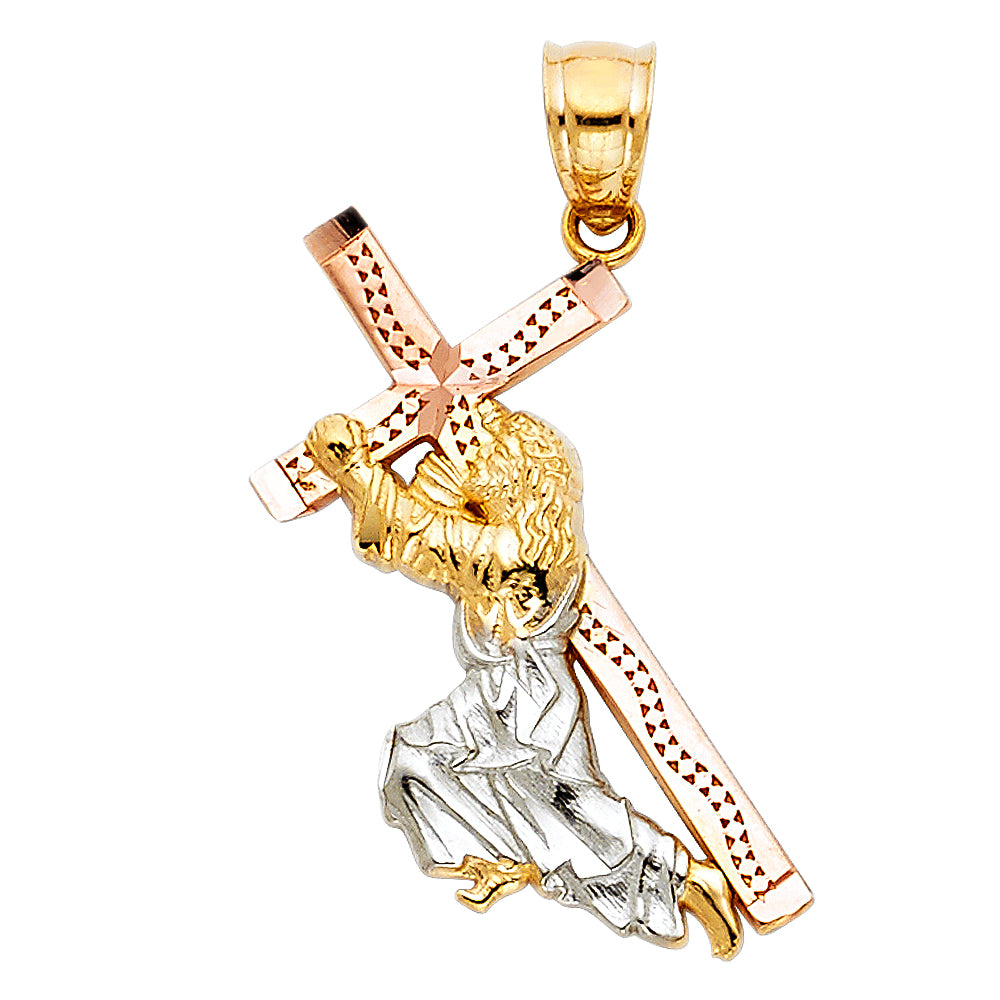 14K Tri-Color Gold Jesus Carrying the Cross Pendant 1" Tall