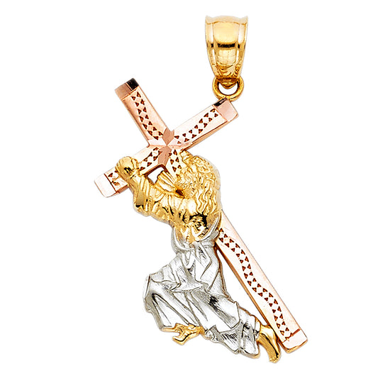 14K Tri-Color Gold Jesus Carrying the Cross Pendant 1" Tall