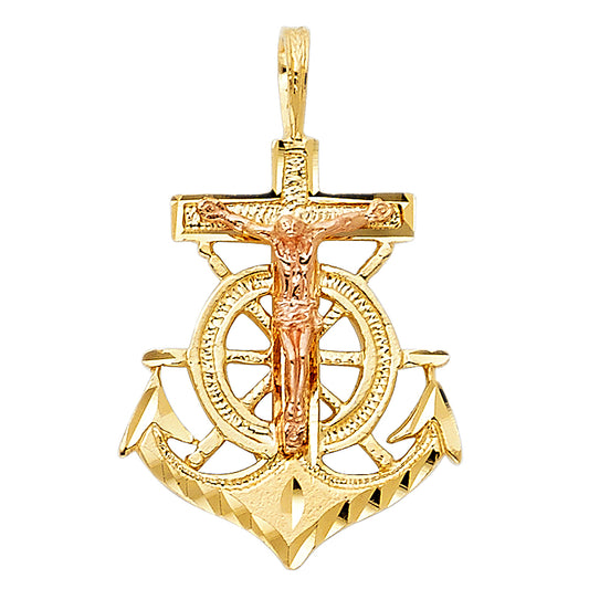 14K Two Tone Gold Anchor Crucifix Pendant 0.9" Tall
