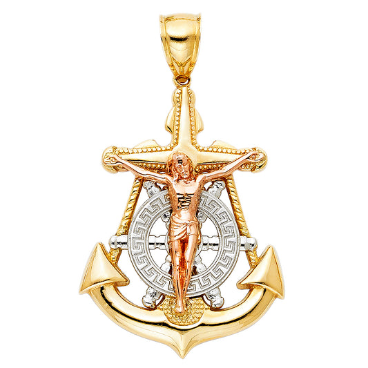 14K Tri-Color Gold Anchor Crucifix Pendant 1.7" Tall