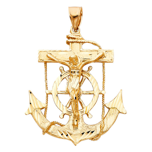 14K Yellow Gold Anchor Crucifix Pendant 2.2" Tall