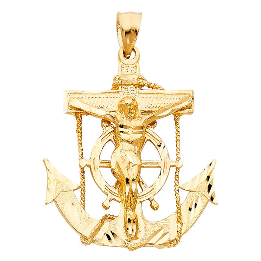 14K Yellow Gold Anchor Crucifix Pendant 1.5" Tall