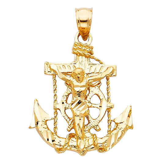 14K Yellow Gold Anchor Crucifix Pendant 1" Tall