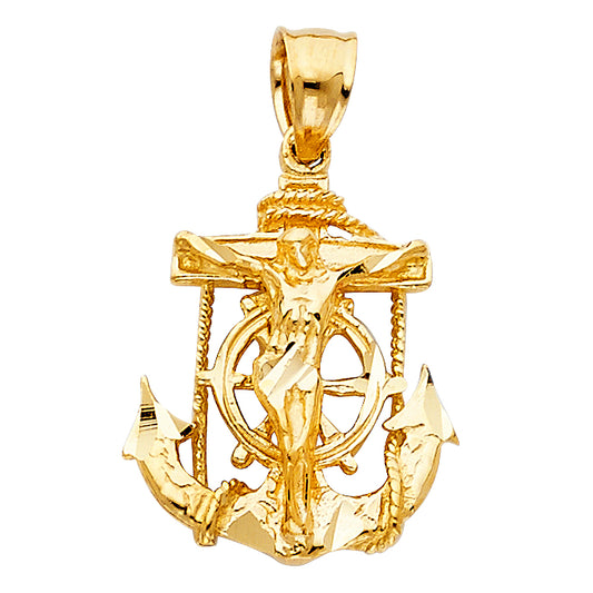 14K Yellow Gold Anchor Crucifix Pendant 0.7" Tall