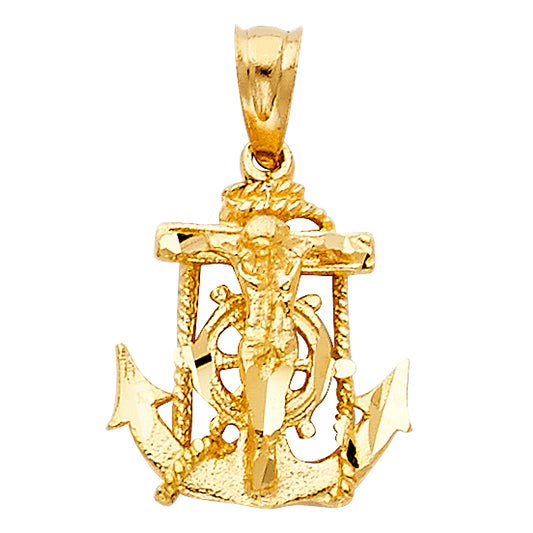 14K Yellow Gold Anchor Crucifix Pendant 0.6" Tall