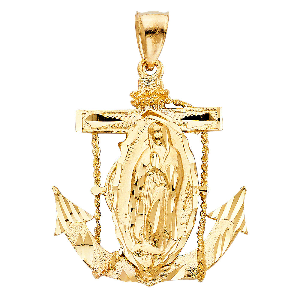 14K Yellow Gold Anchor Guadalupe Pendant 1.4" Tall