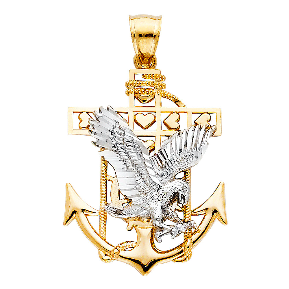 14K Two-Tone Gold Anchor Cross with Eagle and Ruby Accent Pendant 1.2" Tall