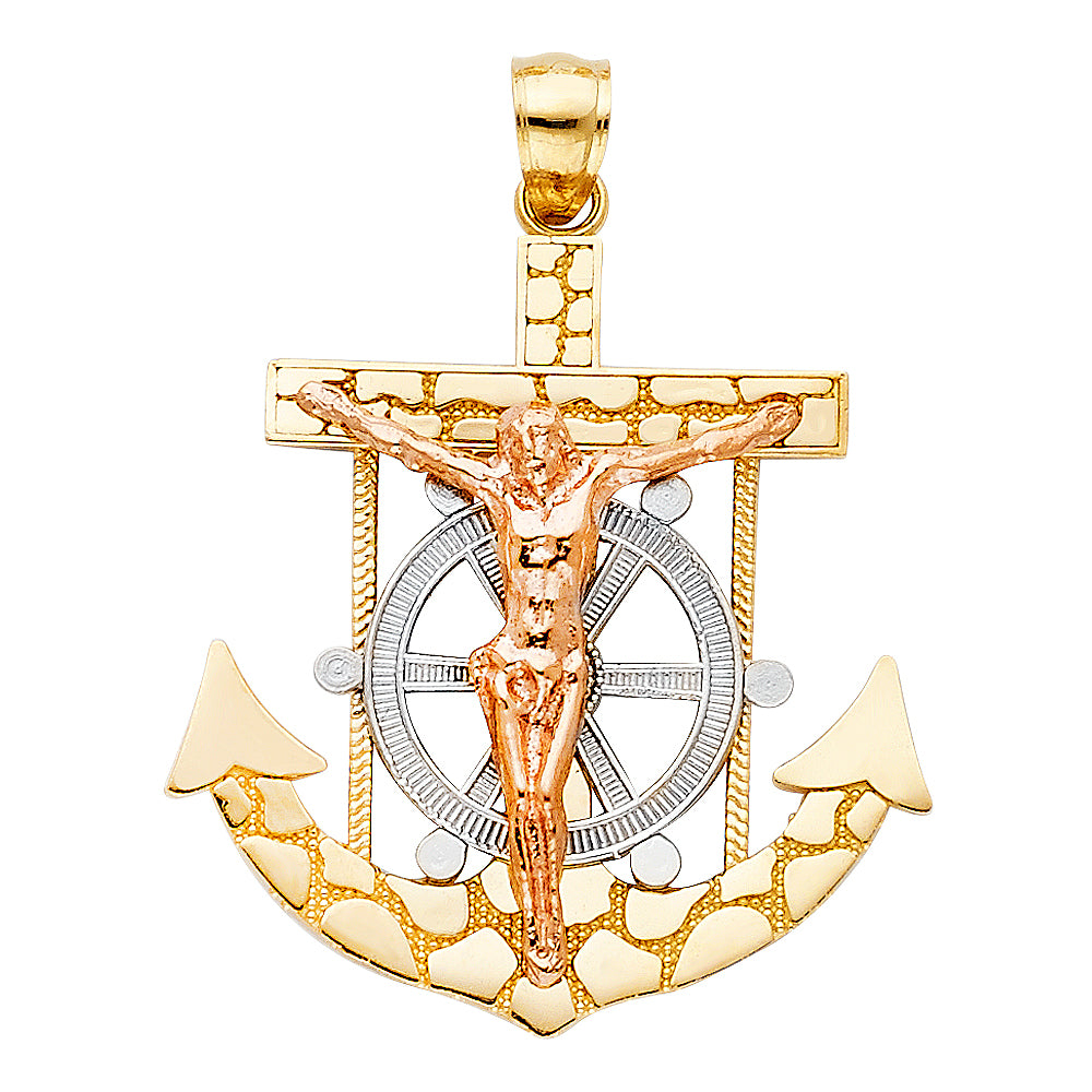 14K Tri-Color Gold Anchor Crucifix Pendant 1.2" Tall