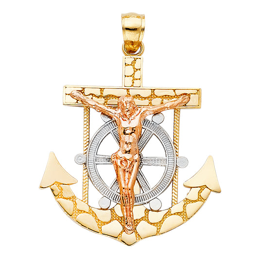 14K Tri-Color Gold Anchor Crucifix Pendant 1.2" Tall