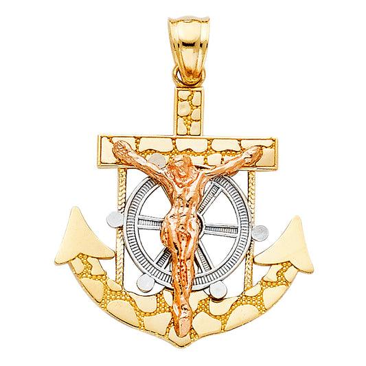 14K Tri-Color Gold Anchor Crucifix Pendant 1" Tall