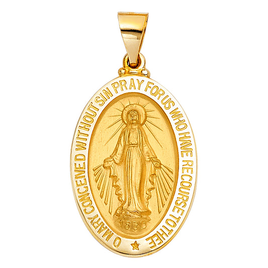 14K Yellow Gold Oval Miraculous Medal Pray For Us Pendant