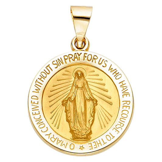 14K Yellow Gold Round Miraculous Medal Pray For Us Pendant