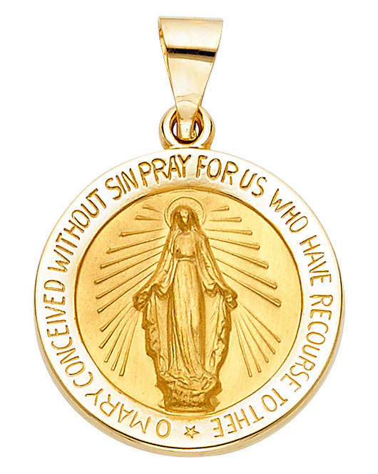 14K Yellow Gold Round Miraculous Medal Pray For Us Pendant
