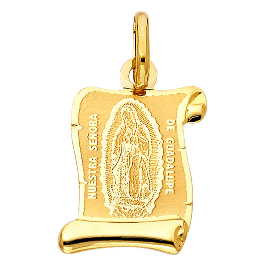 14K Yellow Gold Our Lady of Guadalupe Scroll Medallion Pendant