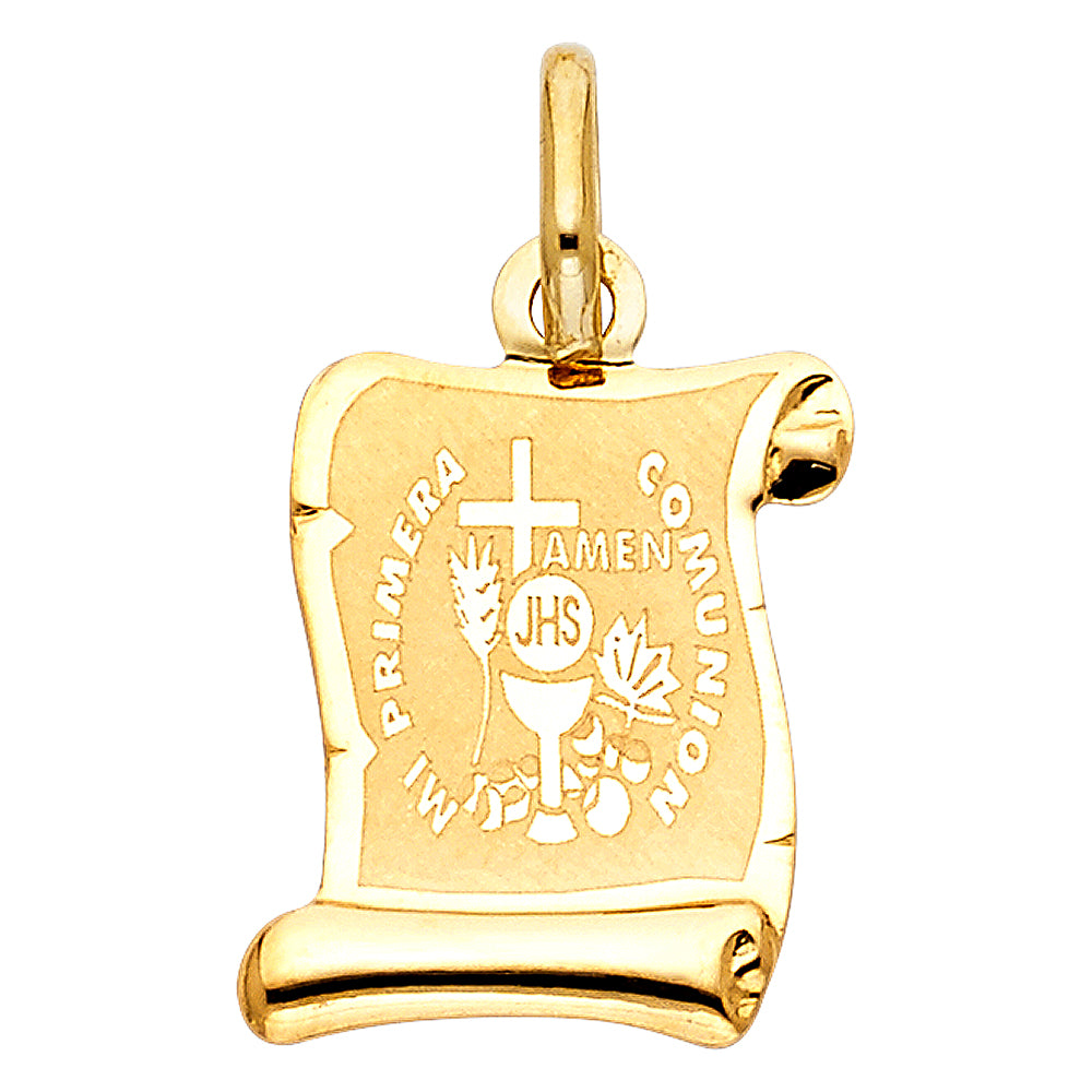 14K Yellow Gold Mi Primera Comunión Scroll Medallion Pendant