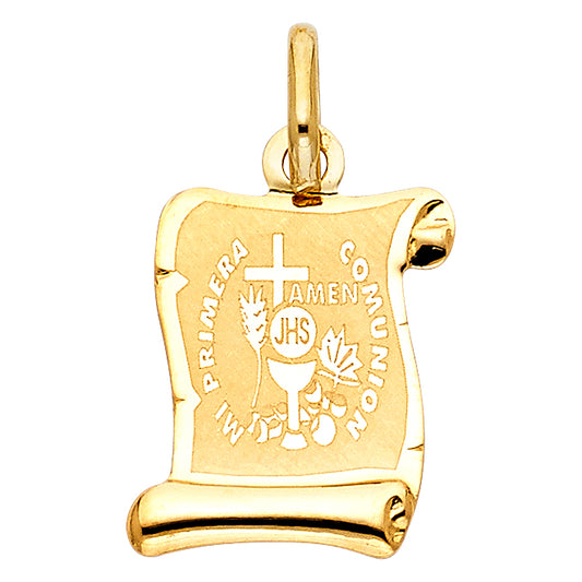 14K Yellow Gold Mi Primera Comunión Scroll Medallion Pendant