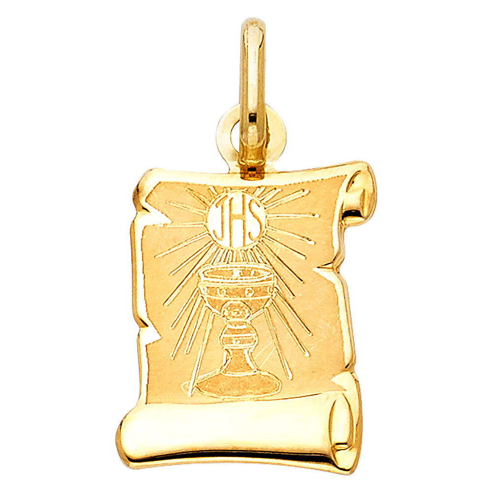 14K Yellow Gold First Communion IHS Scroll Medallion Pendant