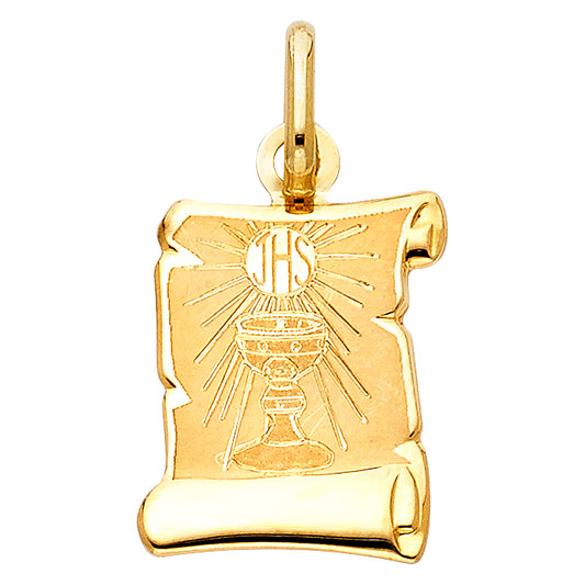 14K Yellow Gold First Communion IHS Scroll Medallion Pendant
