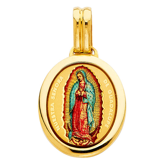 14K Yellow Gold Oval Virgin of Guadalupe Enamel Medal Pendant with Large Bail