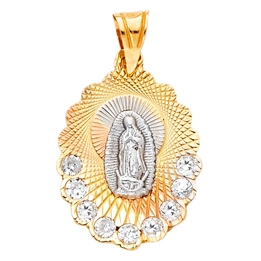 14K Tri-Color Gold Virgin Guadalupe CZ Medallion Pendant aprox 3/4" tall