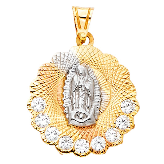 14K Tri-Color Gold Virgin Guadalupe CZ Medallion Pendant aprox 3/4" tall
