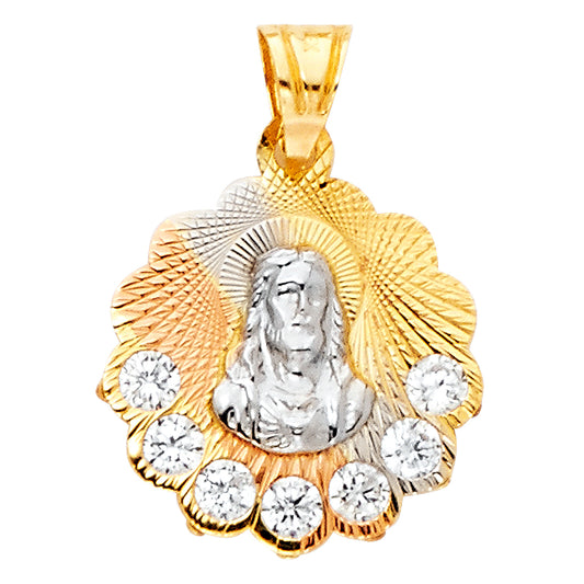 14K Tri-Color Gold Sacred Heart Design CZ Pendant aprox 1/2" tall