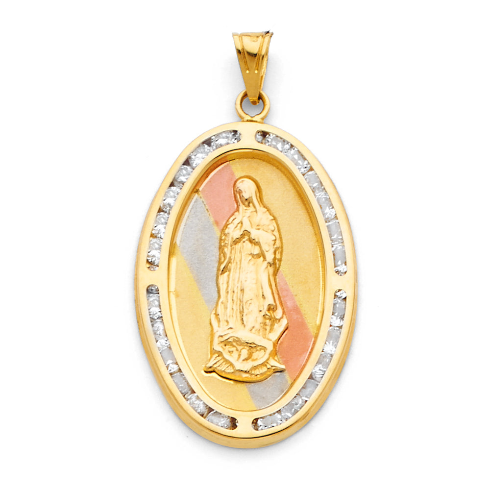 14K Tri-Color Gold Oval Virgin Guadalupe CZ Medallion Pendant aprox 1 1/2" tall