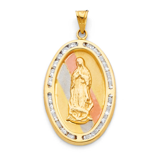 14K Tri-Color Gold Oval Virgin Guadalupe CZ Medallion Pendant aprox 1 1/2" tall