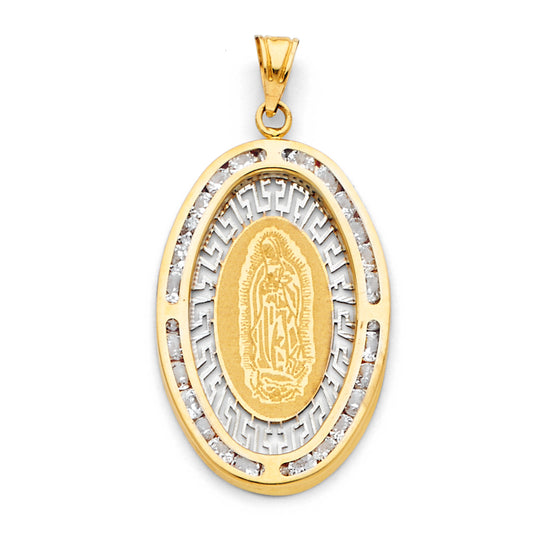 14K Two-Tone Gold Oval Virgin Guadalupe Greek Key CZ Medallion Pendant aprox 1 1/4" tall