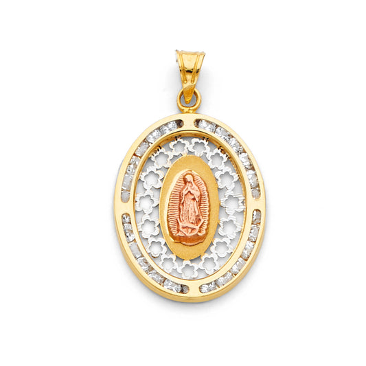 14K Tri-Color Gold Oval Virgin Guadalupe Filigree CZ Medallion Pendant aprox 1" tall