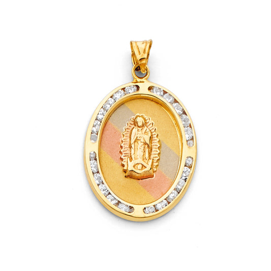 14K Tri-Color Gold Oval Virgin Guadalupe CZ Medallion Pendant aprox 1 1/4" tall