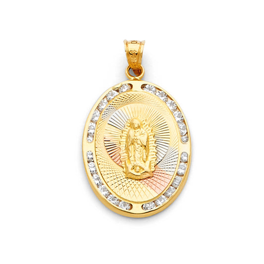 14K Tri-Color Gold Oval Virgin Guadalupe CZ Medallion Pendant aprox 1 1/4" tall
