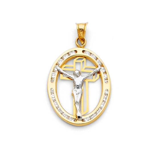 14K Yellow Gold Oval Crucifix CZ Pendant aprox 1" tall