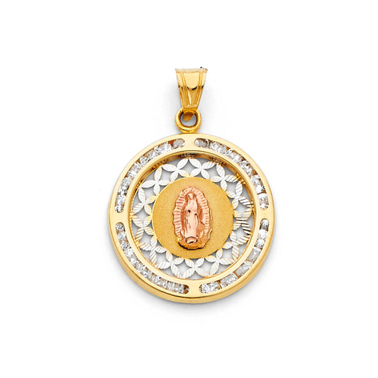 14K Tri-Color Gold Round Virgin Guadalupe Filigree CZ Medallion Pendant aprox 3/4" tall
