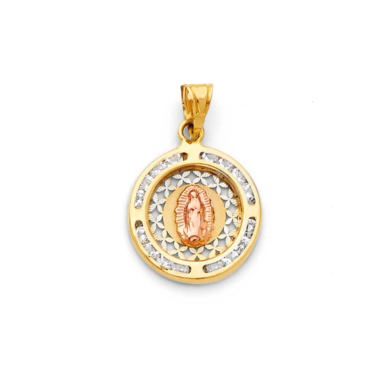 14K Tri-Color Gold Round Virgin Guadalupe Filigree CZ Medallion Pendant aprox 1/2" tall