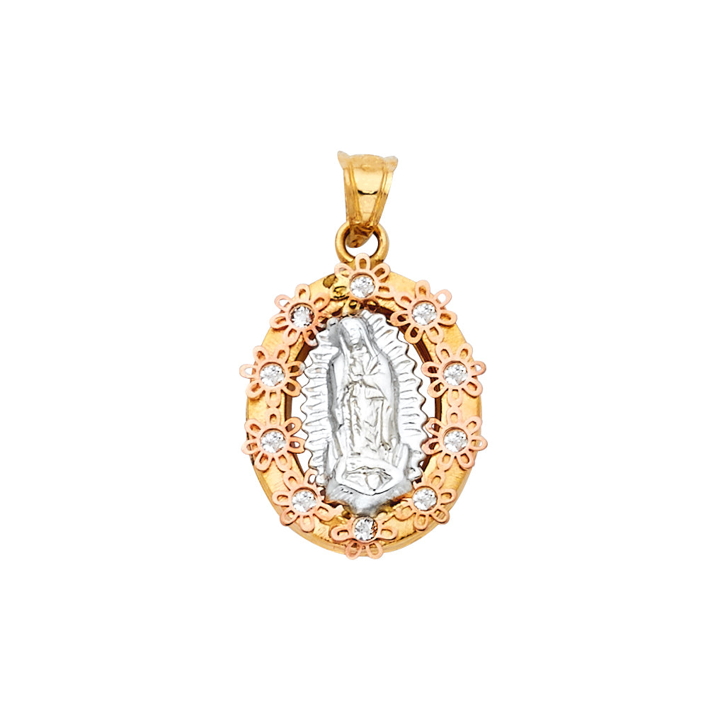 14K Tri-Color Gold Flower Frame Virgin Guadalupe CZ Medallion Pendant aprox 1/2" tall