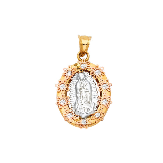 14K Tri-Color Gold Flower Frame Virgin Guadalupe CZ Medallion Pendant aprox 1/2" tall