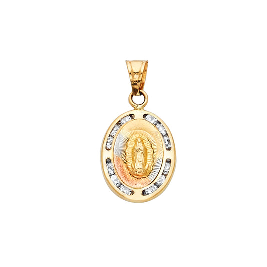 14K Tri-Color Gold Oval Virgin Guadalupe CZ Medallion Pendant aprox 1/2" tall