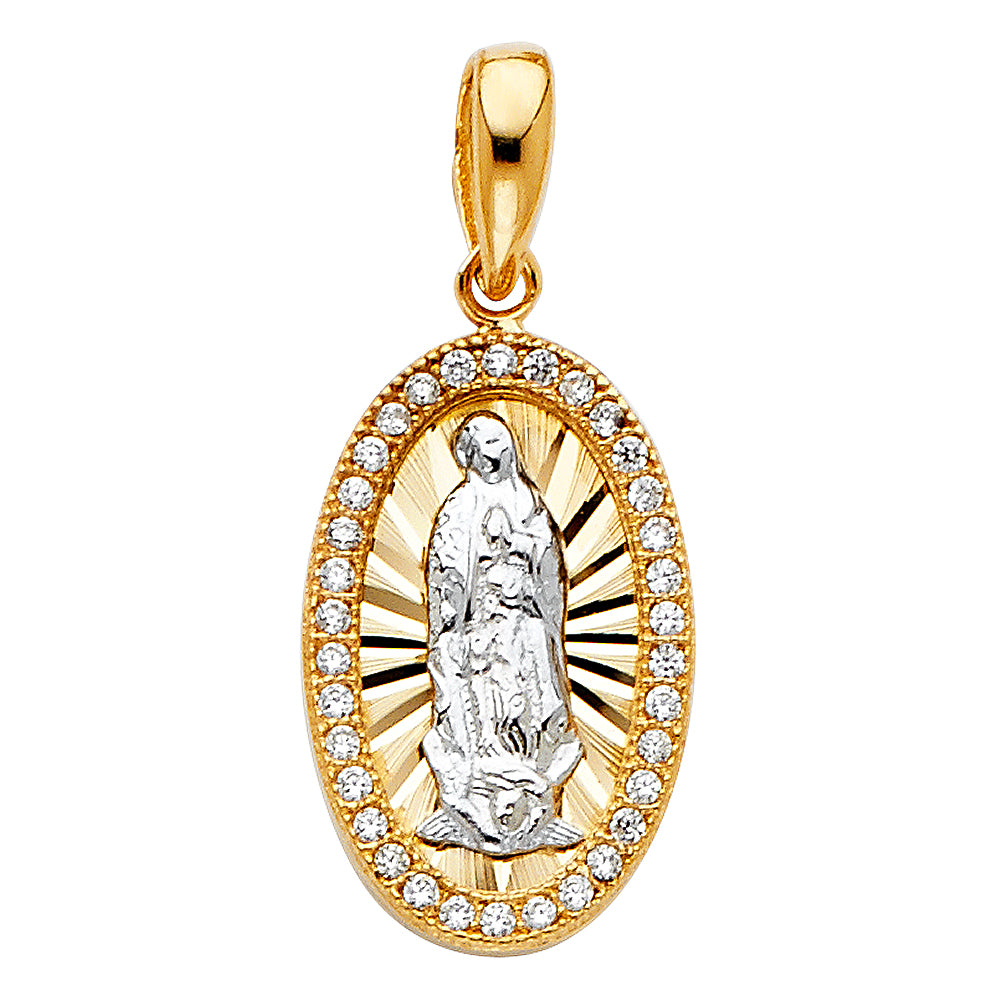 14K Two-Tone Gold Our Lady of Guadalupe Oval Pendant with Cubic Zirconia Halo