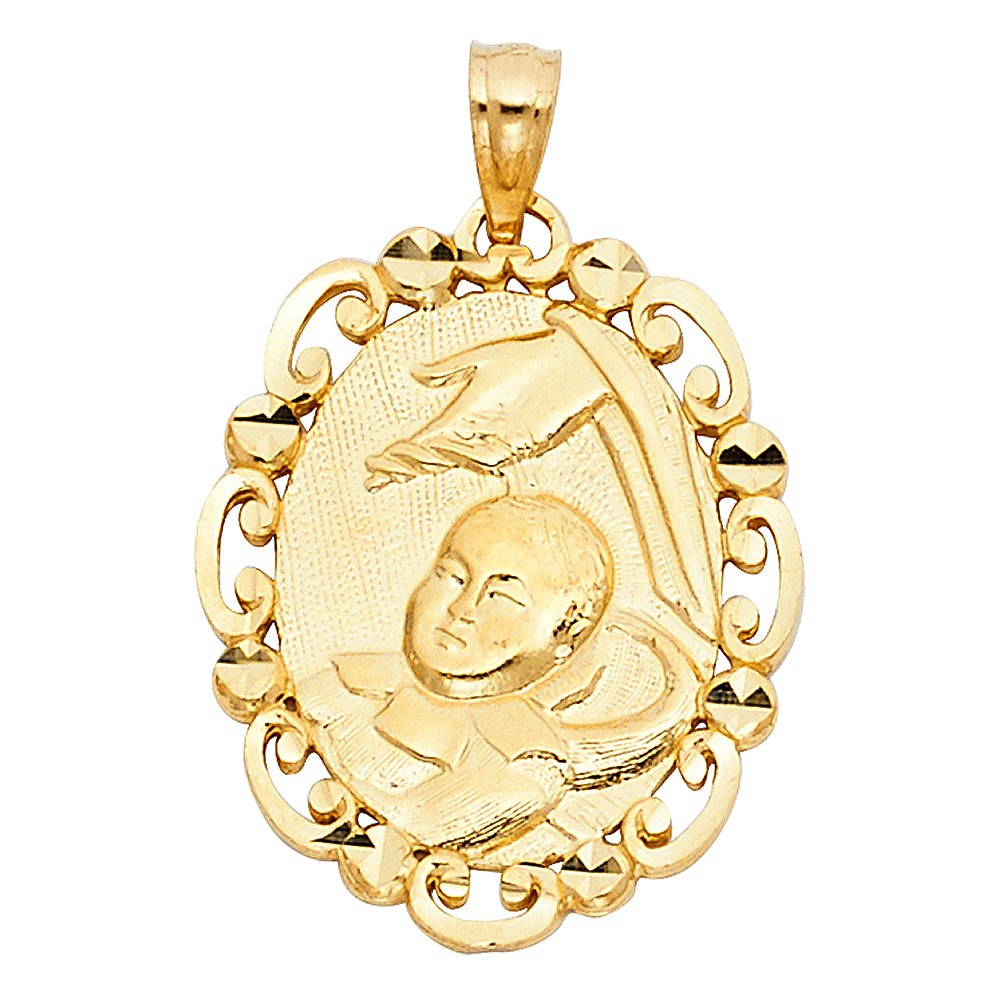 14K Yellow Gold Filigree Baptism Oval Medallion Pendant