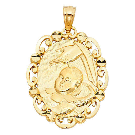 14K Yellow Gold Filigree Baptism Oval Medallion Pendant