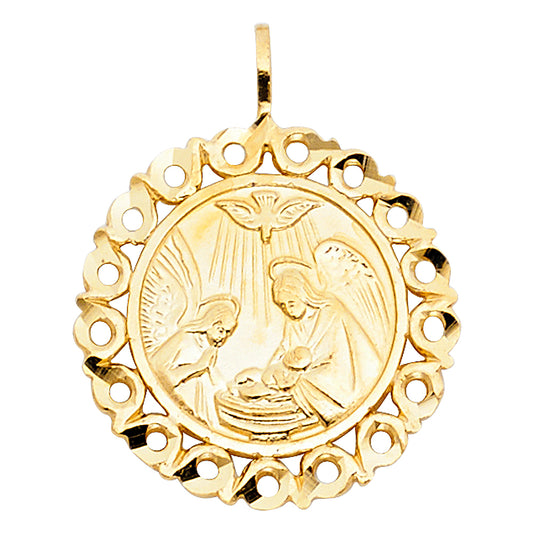 14K Yellow Gold Filigree Baptism Round Medallion Pendant