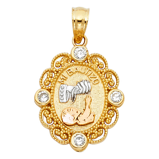 14K Tri-Color Gold Bautizo Filigree Oval CZ Pendant