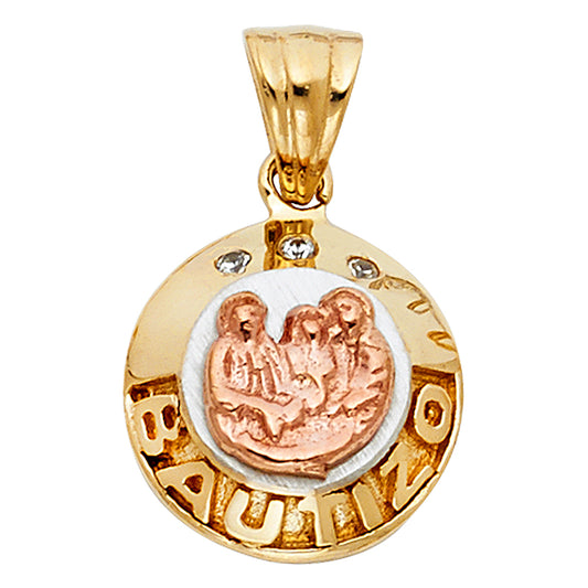 14K Tri-Color Gold Bautizo Round CZ Medallion Pendant