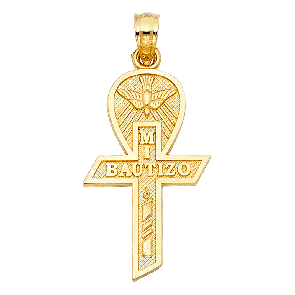 14K Yellow Gold Diamond-Cut Mi Bautizo Cross Pendant