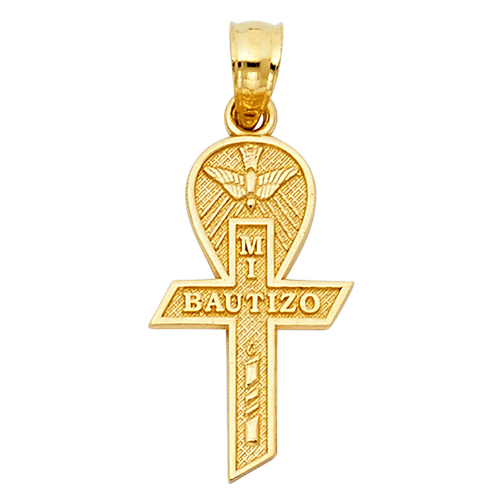 14K Yellow Gold Diamond-Cut Mi Bautizo Cross Pendant