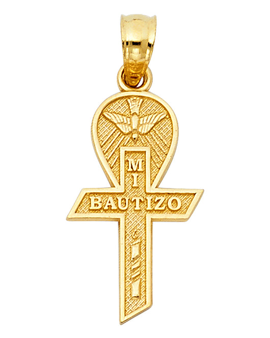 14K Yellow Gold Diamond-Cut Mi Bautizo Cross Pendant