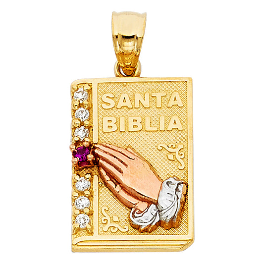 14K Tri-Color Gold Santa Biblia Praying Hands CZ Pendant