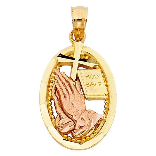 14K Two-Tone Gold Praying Hands Holy Bible Oval Medallion Pendant