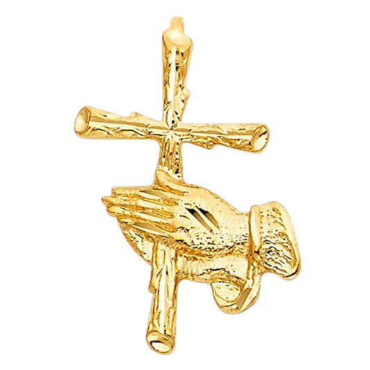 14K Two-Tone Gold Cross with Praying Hands Pendant
